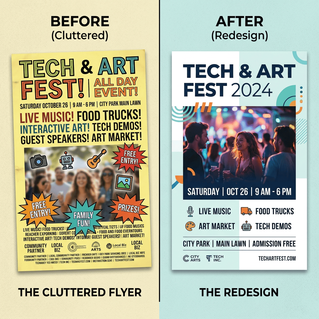 Before-and-after comparison of cluttered and redesigned Tech & Art Fest flyers