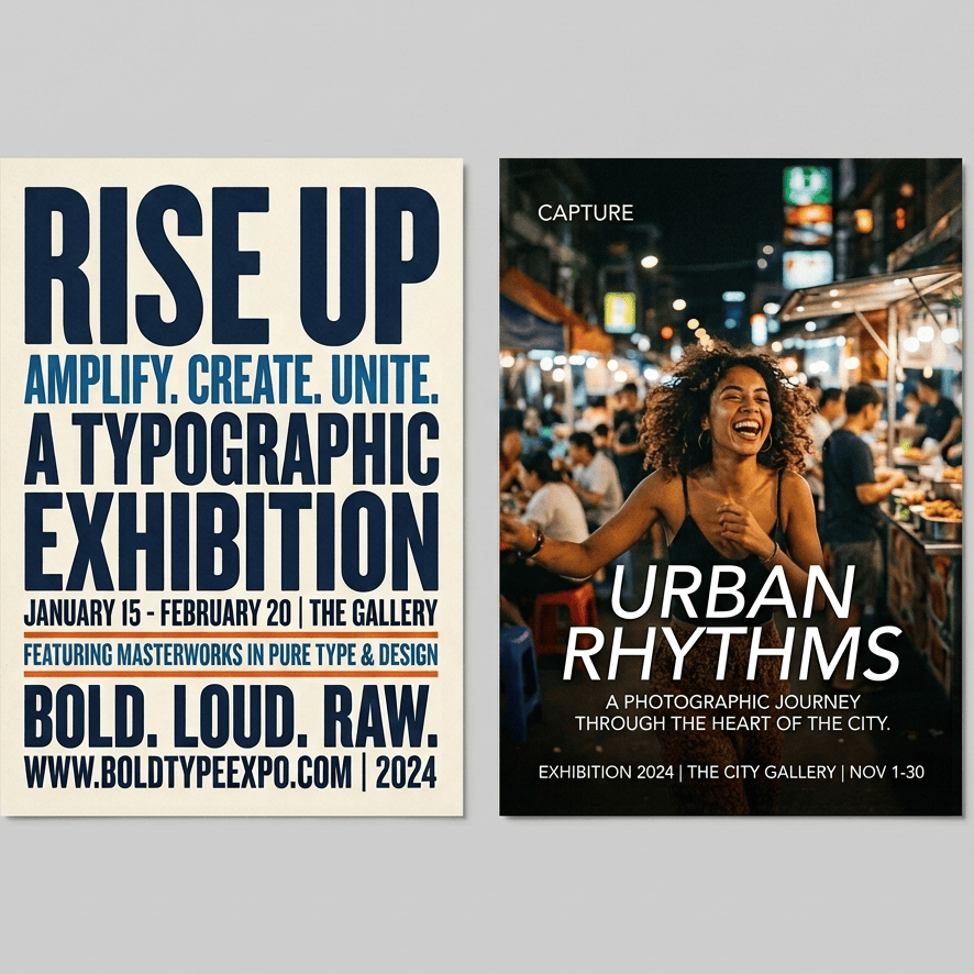 Posters read “RISE UP,” “AMPLIFY. CREATE. UNITE.,” “A TYPOGRAPHIC EXHIBITION,” “JANUARY 15 - FEBRUARY 20 | THE GALLERY,” “FEATURING MASTERWORKS IN PURE TYPE & DESIGN,” “BOLD. LOUD. RAW.,” “WWW.BOLDTYPEEXPO.COM | 2024,” and “CAPTURE,” “URBAN RHYTHMS,” “A PHOTOGRAPHIC JOURNEY THROUGH THE HEART OF THE CITY,” “EXHIBITION 2024 | THE CITY GALLERY | NOV 1-30.”